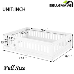 Bellemave® Solid Wood Floor Bed with Heightened Safety Guardrails and Door, No Slats Included