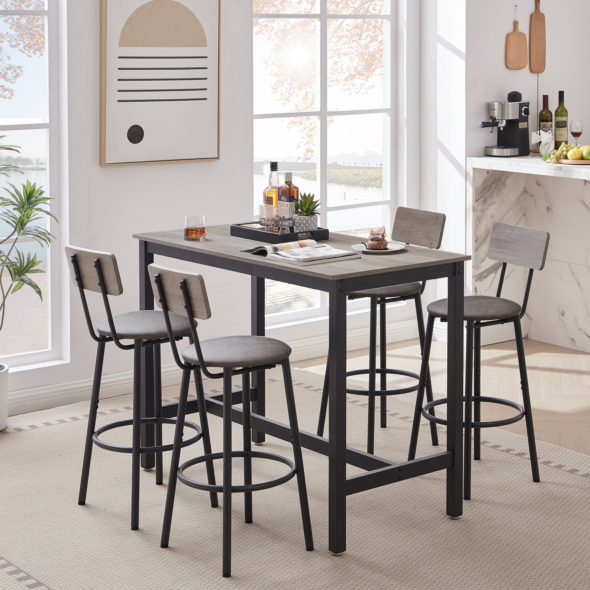 Bar Table and Chairs Set with 4 Bar stools PU Soft seat with backrest, Grey, 47.24'' L x 23.62'' W x 35.43'' H - Bellemave
