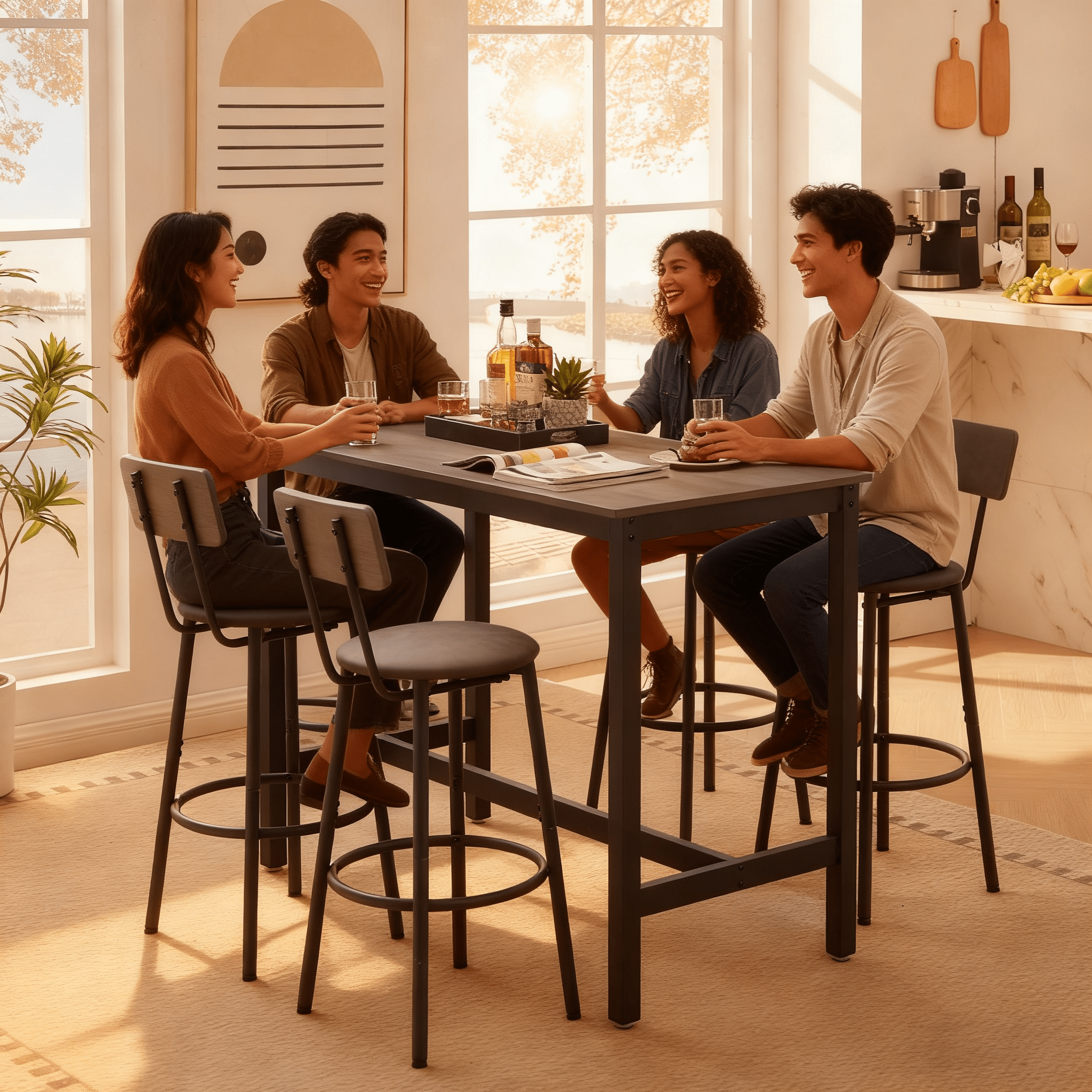 Bar Table and Chairs Set with 4 Bar stools PU Soft seat with backrest, Grey, 47.24'' L x 23.62'' W x 35.43'' H - Bellemave