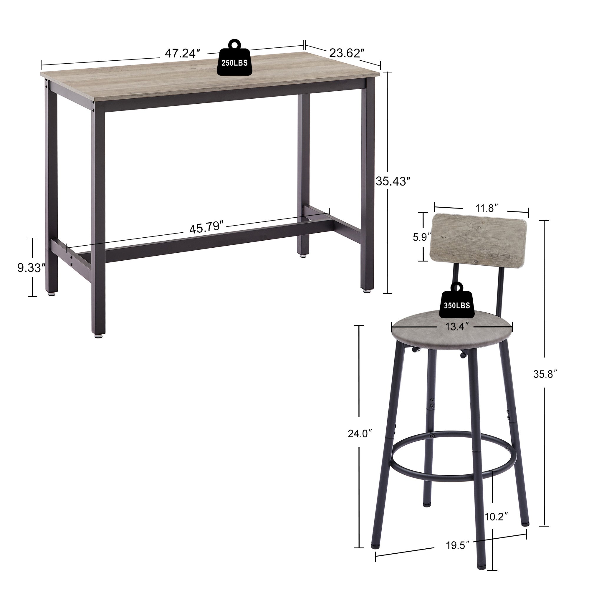 Bar Table and Chairs Set with 4 Bar stools PU Soft seat with backrest, Grey, 47.24'' L x 23.62'' W x 35.43'' H - Bellemave