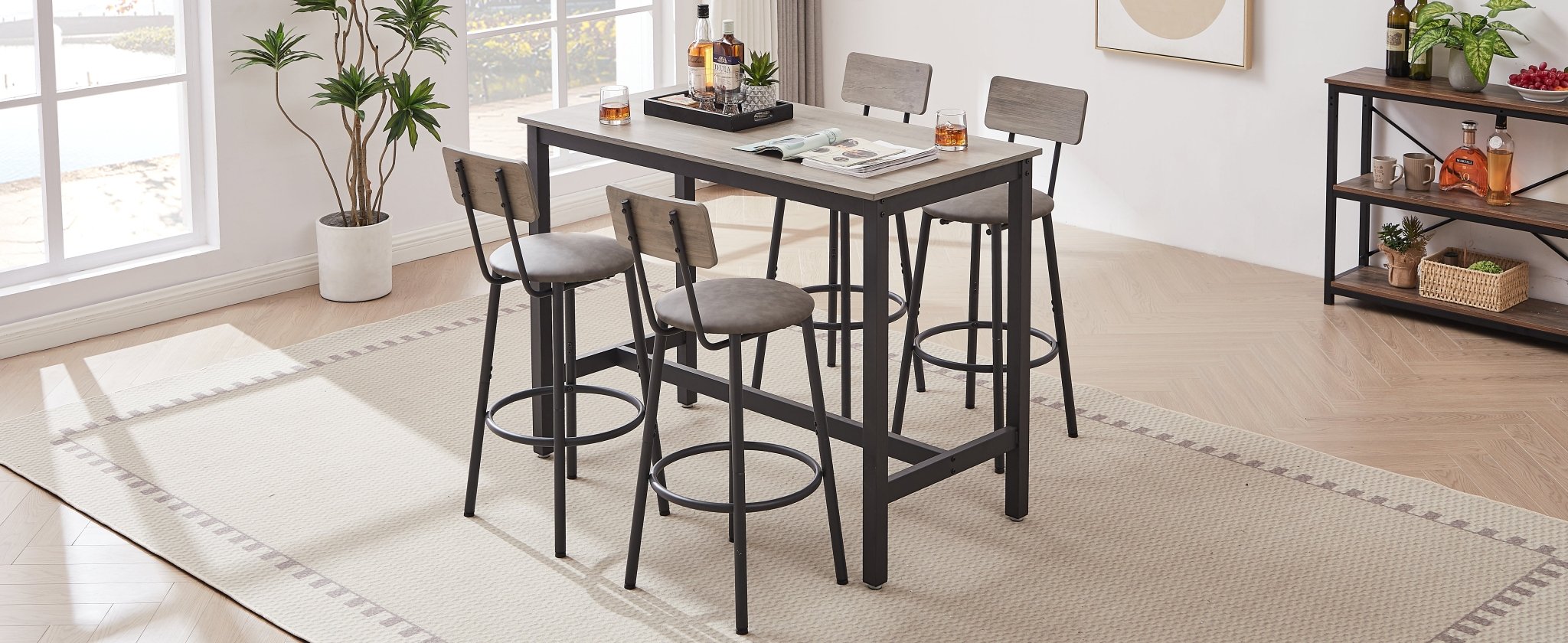 Bar Table and Chairs Set with 4 Bar stools PU Soft seat with backrest, Grey, 47.24'' L x 23.62'' W x 35.43'' H - Bellemave