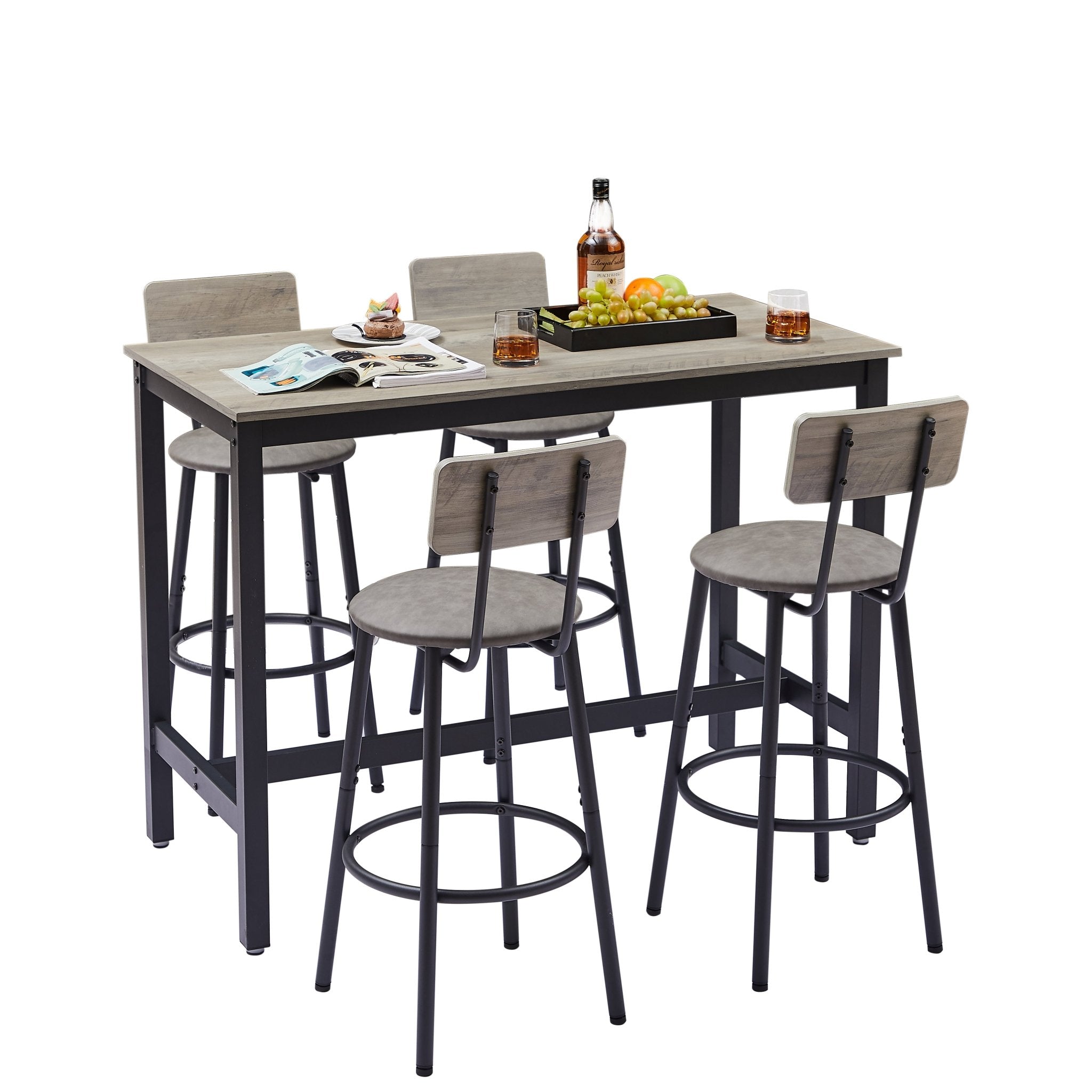 Bar Table and Chairs Set with 4 Bar stools PU Soft seat with backrest, Grey, 47.24'' L x 23.62'' W x 35.43'' H - Bellemave