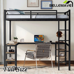 Bellemave® Full Size Metal Loft Bed with Desk and Shelves, Ladder and Guardrails