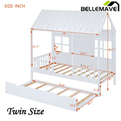 Bellemave® Wood House Bed With Twin Size Trundle