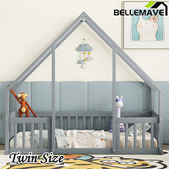 Bellemave® Wood House-Shaped Floor Bed with Fence and Guardrails