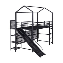 Bellemave® Twin Size Metal House Loft Bed with Iron mesh Shelves and Slide