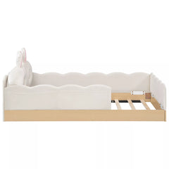 Side profile of white upholstered platform bed with scalloped panels