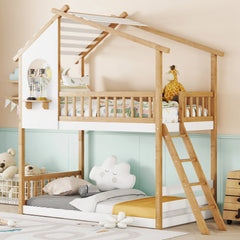 Bellemave® Twin Size House Bunk Bed Wood Bed with Roof, Window, Ladder