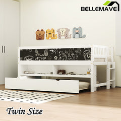 Bellemave® Twin Size Wood Low Loft Bed with Storage Shelves, Blackboard and Trundle