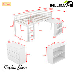 Bellemave® Twin Size Rubber Wood Loft Bed with Stroage Case, Drawer Cabinet, Shelf Cabinet, Pulling -Out Desk,Safety Guardrail, Ladder