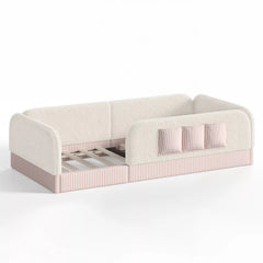 Bellemave® Kids Upholstered Floor Bed with Full Surround Safety Rails, Montessori Low Profile Bed with Teddy Fleece Frame & Side Storage Pocket