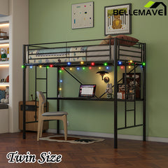 Bellemave® Twin Size Metal Loft Bed with Desk, Power Outlet and LED Lighted , Safety Guard & Ladder