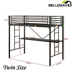 Bellemave® Twin Size Metal Loft Bed with Desk, Power Outlet and LED Lighted , Safety Guard & Ladder