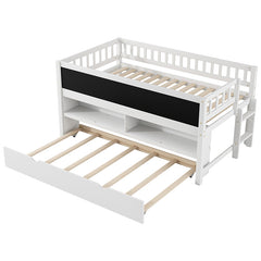 Bellemave® Twin Size Wood Low Loft Bed with Storage Shelves, Blackboard and Trundle