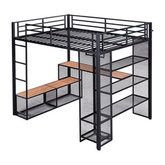 Bellemave® Full Size Metal Loft Bed with Storage Iron Mesh and MDF Shelves and Open Wardrobe