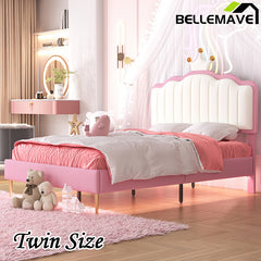 Bellemave® Upholstered Princess Bed with Crown Headboard, Light Strips and Golden Metal Legs