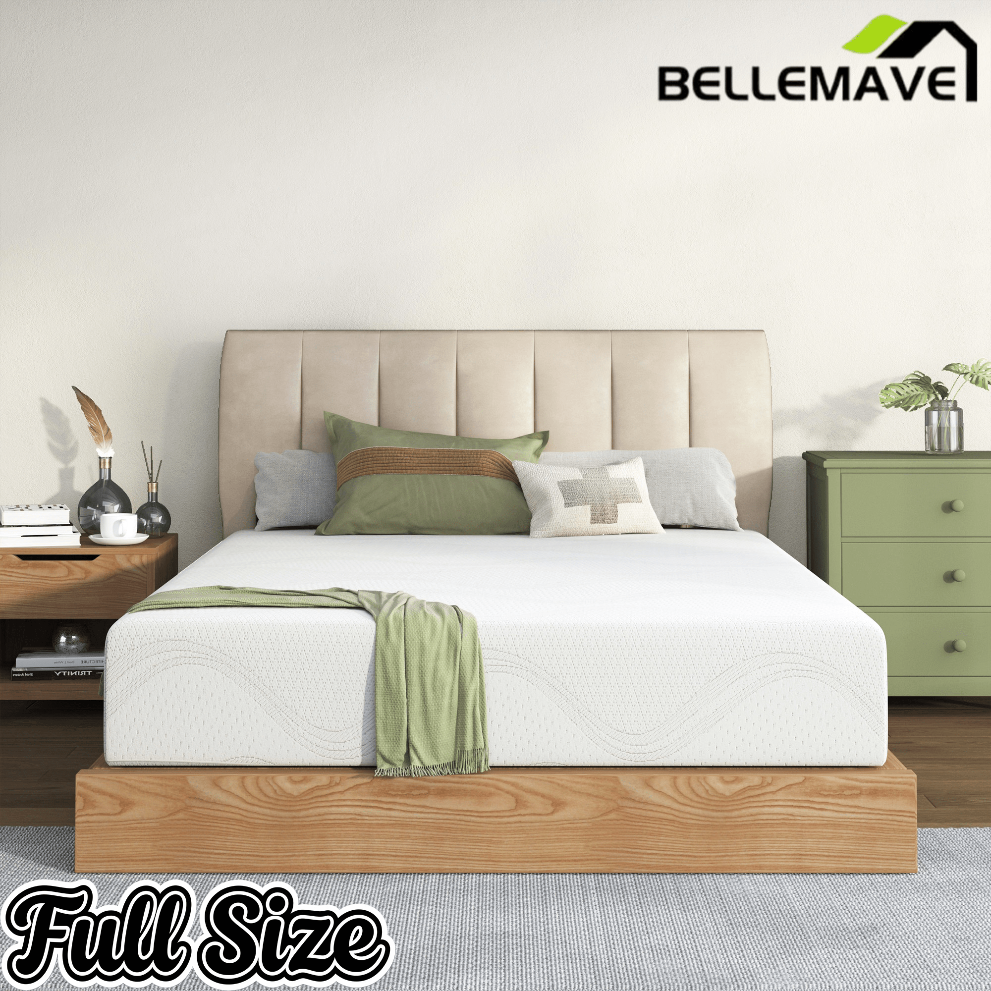 Bellemave® 10" Twin Memory Foam Mattress with Cooling Green Tea Gel & Charcoal, Breathable Knit Cover, CertiPUR - US Certified, Mattress in a Box, Soft Support, White - Bellemave