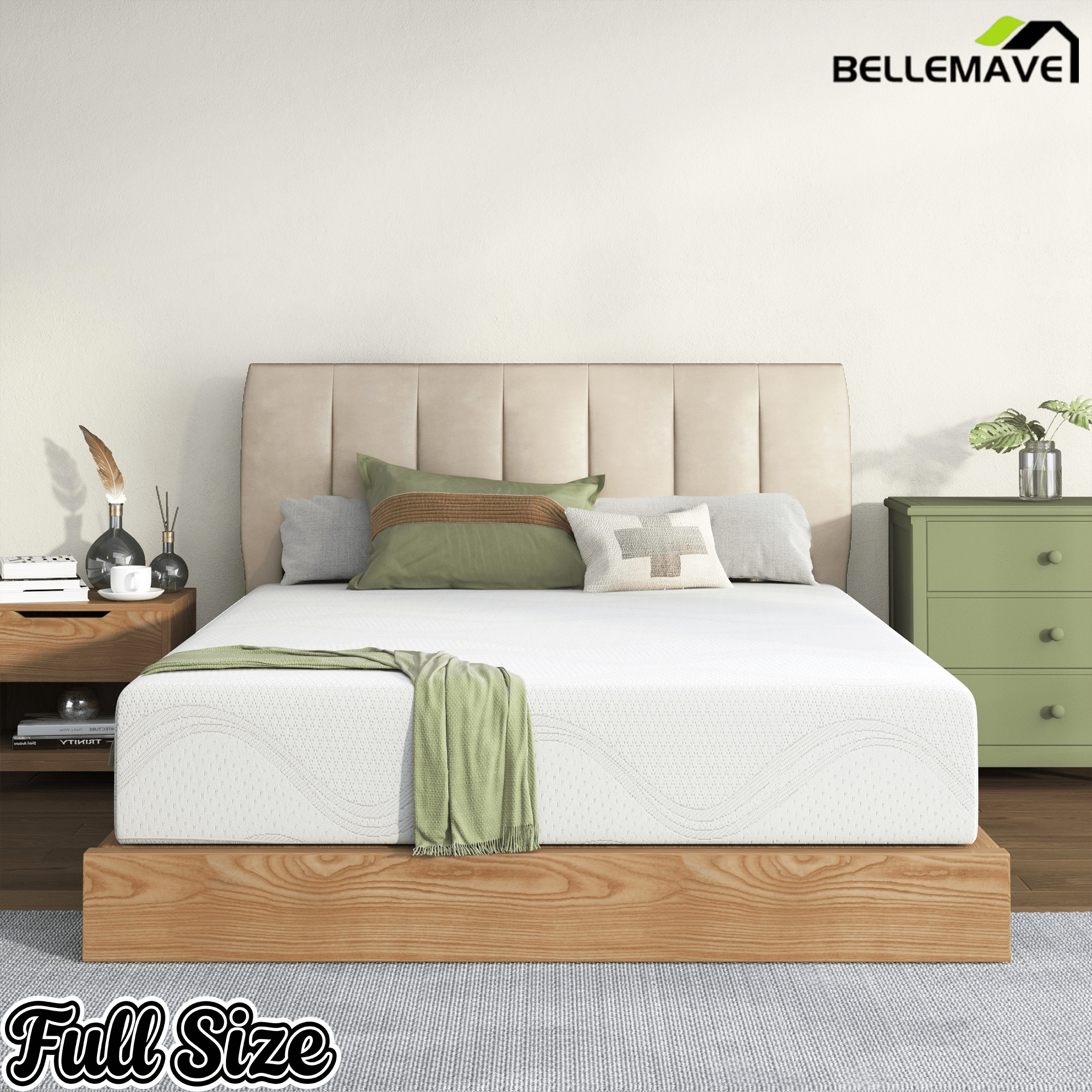 Bellemave® 10" Twin Memory Foam Mattress with Cooling Green Tea Gel & Charcoal, Breathable Knit Cover, CertiPUR - US Certified, Mattress in a Box, Soft Support, White - Bellemave