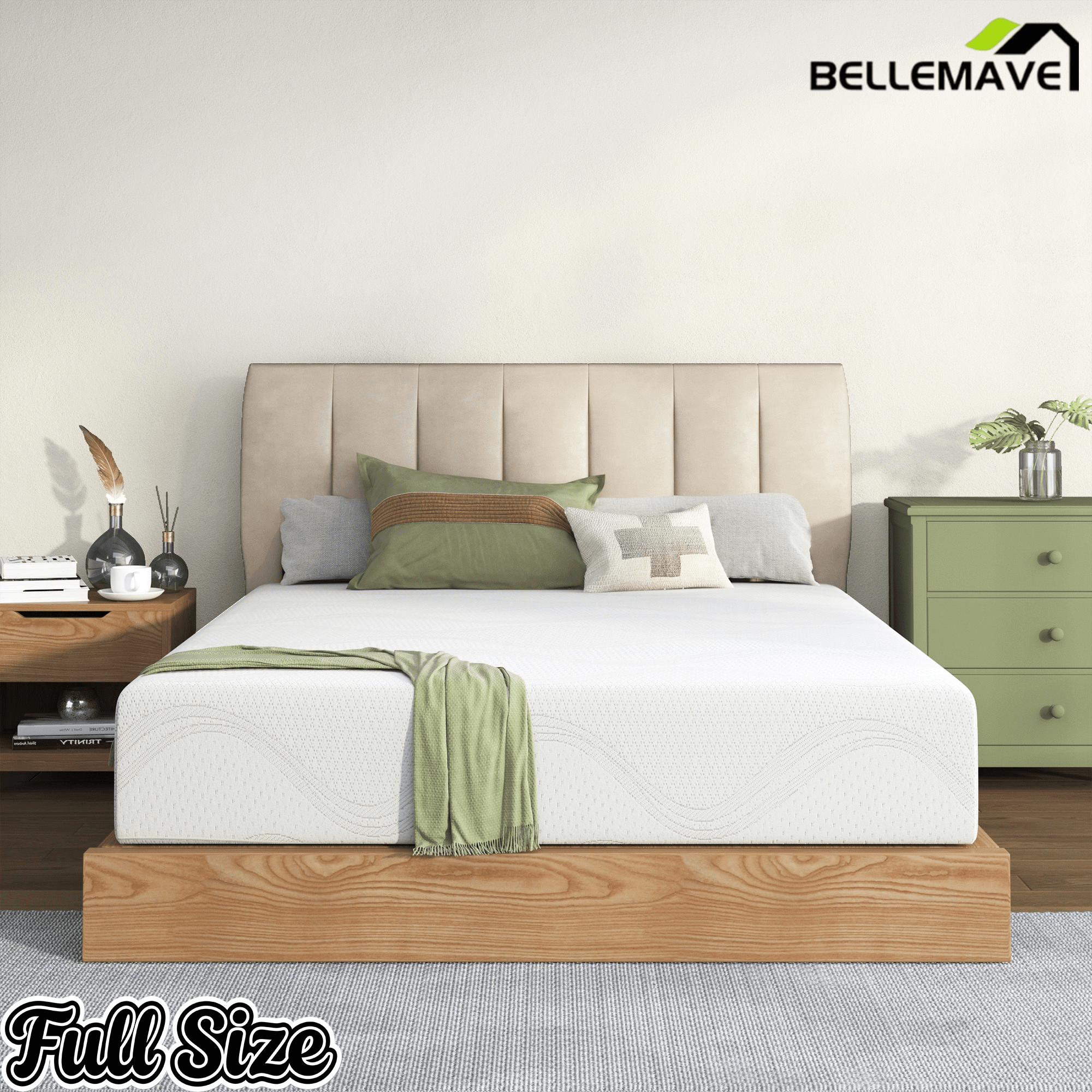 Bellemave® 10" Twin Memory Foam Mattress with Cooling Green Tea Gel & Charcoal, Breathable Knit Cover, CertiPUR - US Certified, Mattress in a Box, Soft Support, White - Bellemave