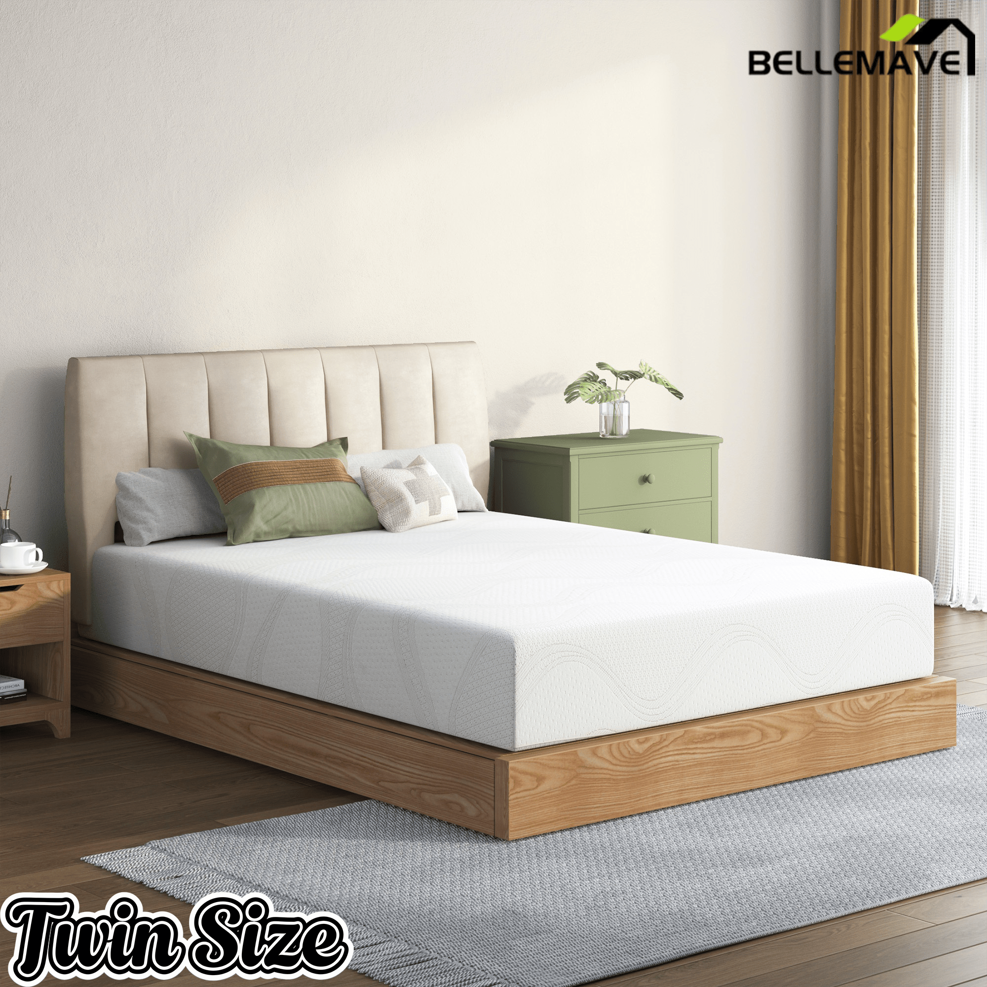 Bellemave® 10" Twin Memory Foam Mattress with Cooling Green Tea Gel & Charcoal, Breathable Knit Cover, CertiPUR - US Certified, Mattress in a Box, Soft Support, White - Bellemave