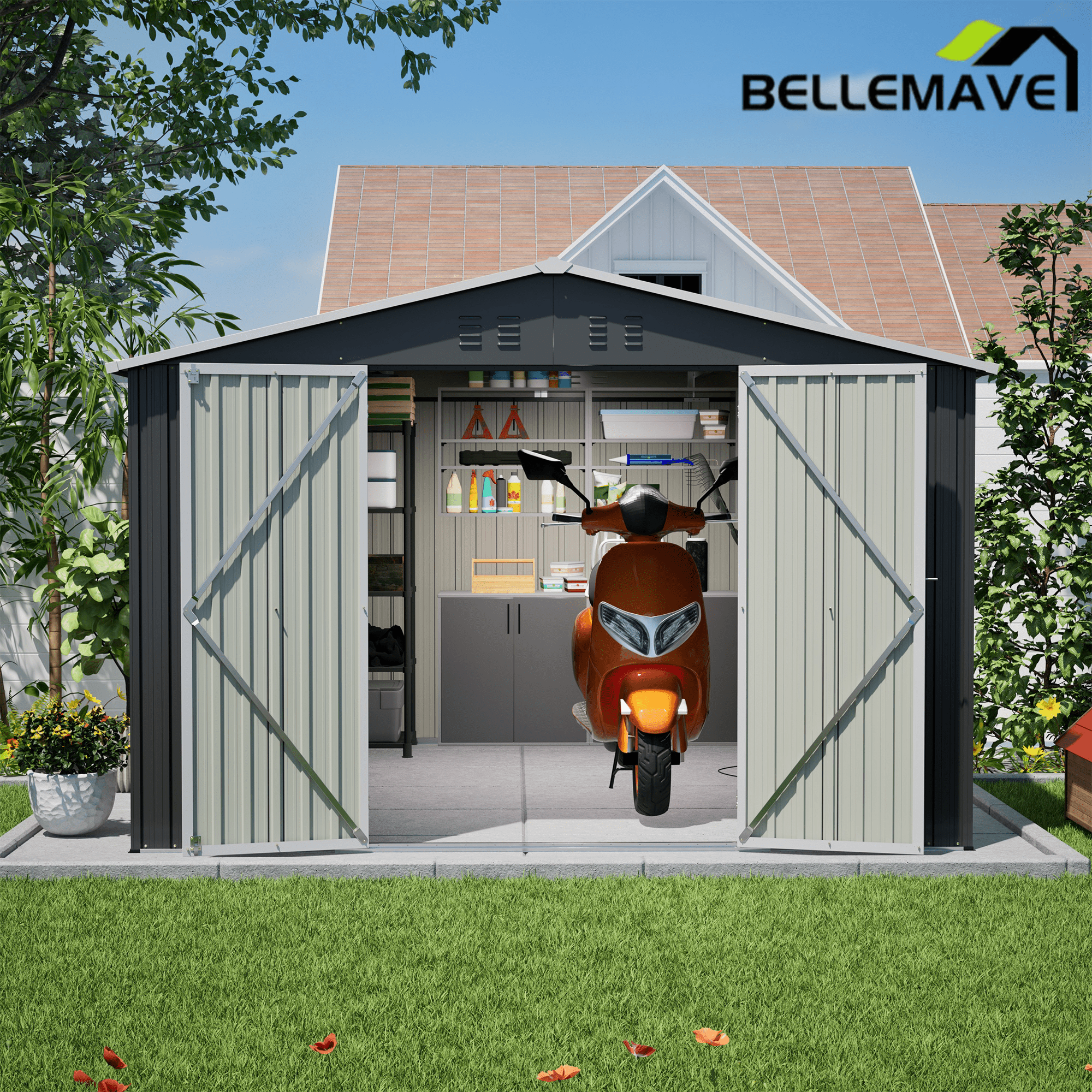 Bellemave® 10' x 10' Metal Storage Shed for Outdoor, Steel Yard Shed with Design of Lockable Doors - Bellemave