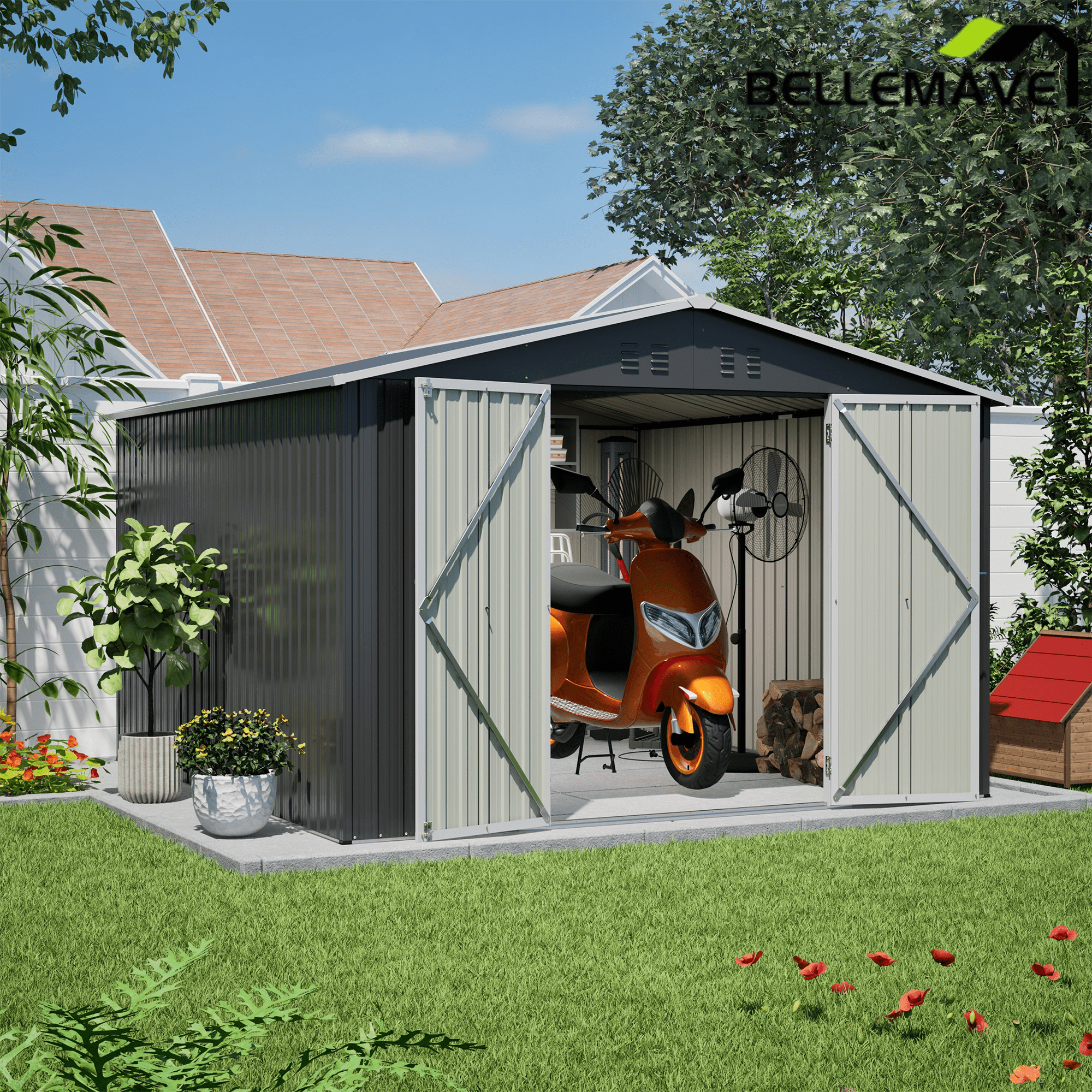 Bellemave® 10' x 10' Metal Storage Shed for Outdoor, Steel Yard Shed with Design of Lockable Doors - Bellemave