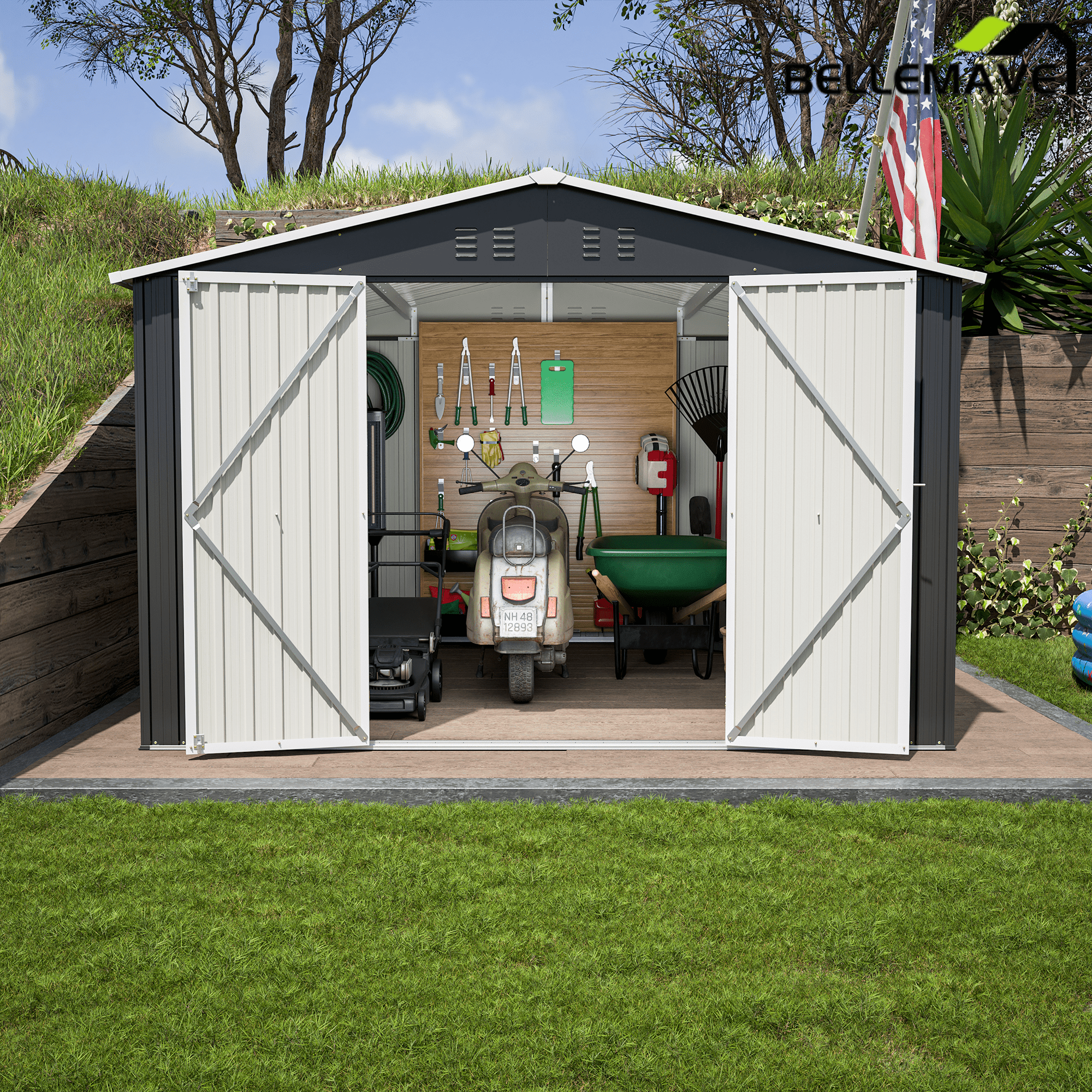 Bellemave® 10' x 10' Metal Storage Shed for Outdoor, Steel Yard Shed with Design of Lockable Doors - Bellemave
