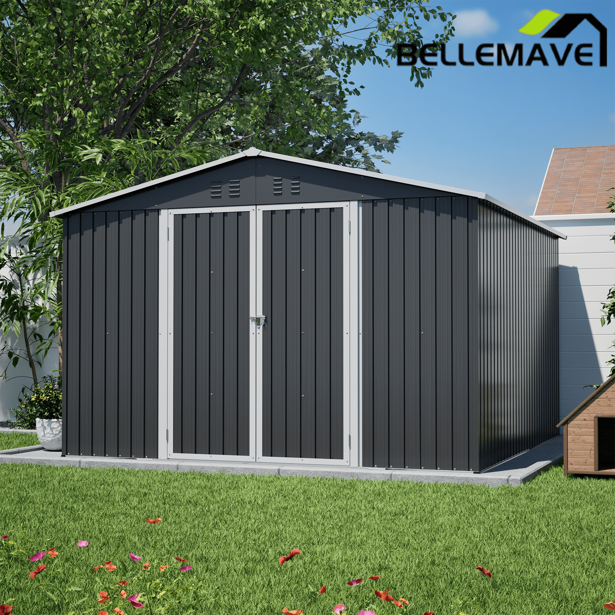 Bellemave® 10' x 10' Metal Storage Shed for Outdoor, Steel Yard Shed with Design of Lockable Doors - Bellemave
