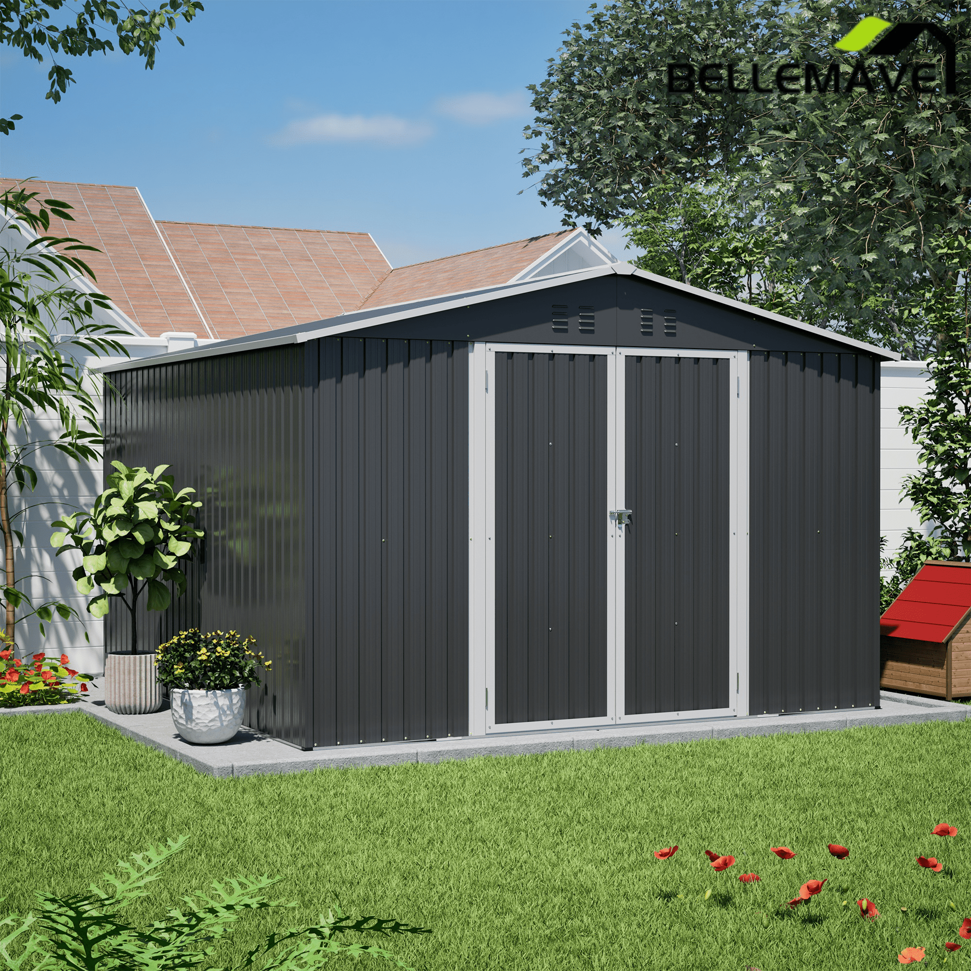 Bellemave® 10' x 10' Metal Storage Shed for Outdoor, Steel Yard Shed with Design of Lockable Doors - Bellemave
