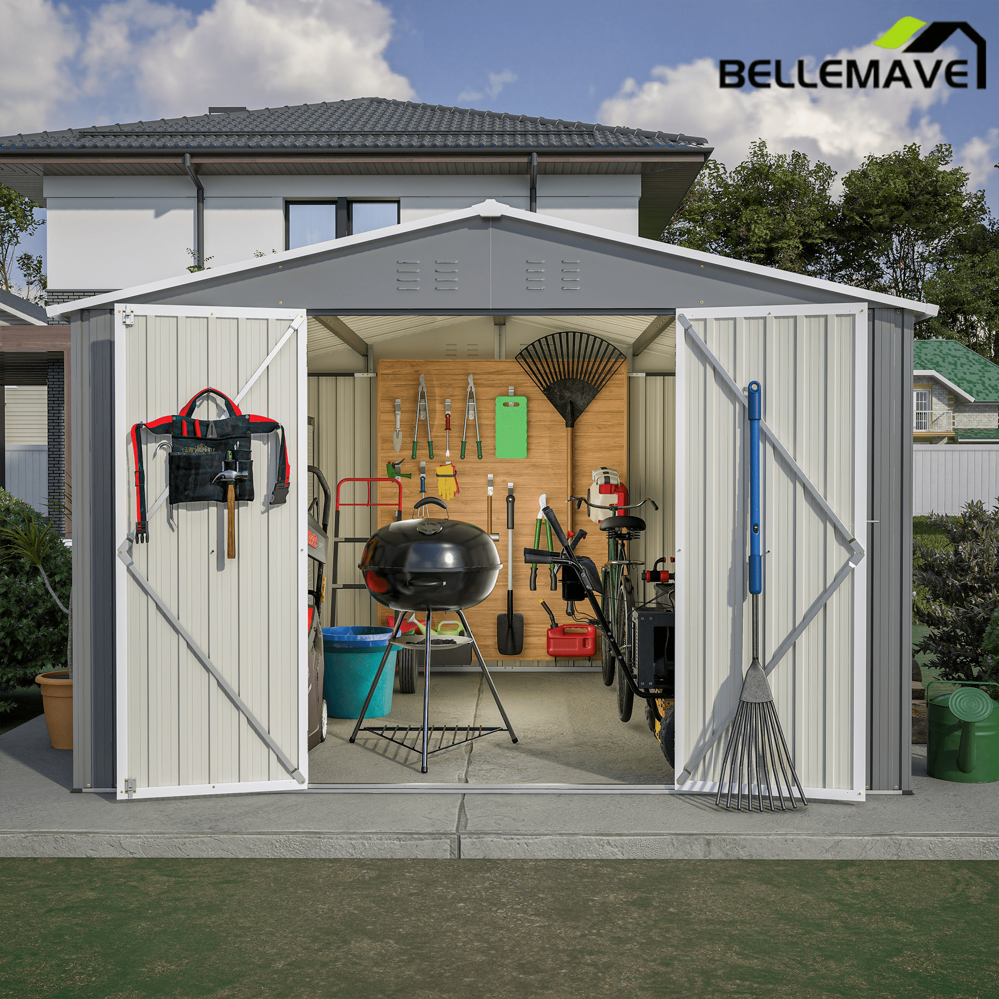 Bellemave® 10' x 10' Metal Storage Shed for Outdoor, Steel Yard Shed with Design of Lockable Doors - Bellemave