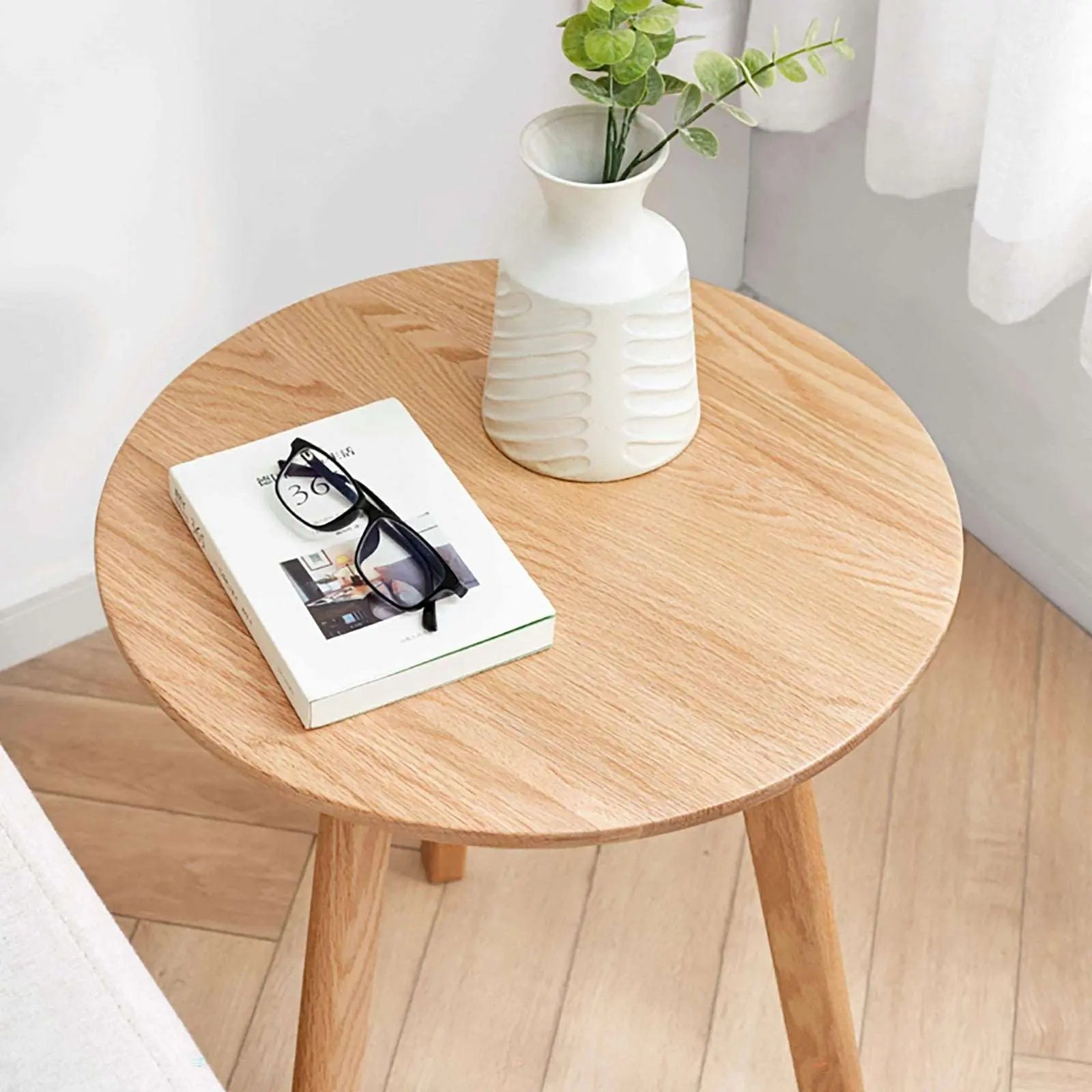 Bellemave® 100% Natural Solid Oak Wood Round End Table - Bellemave