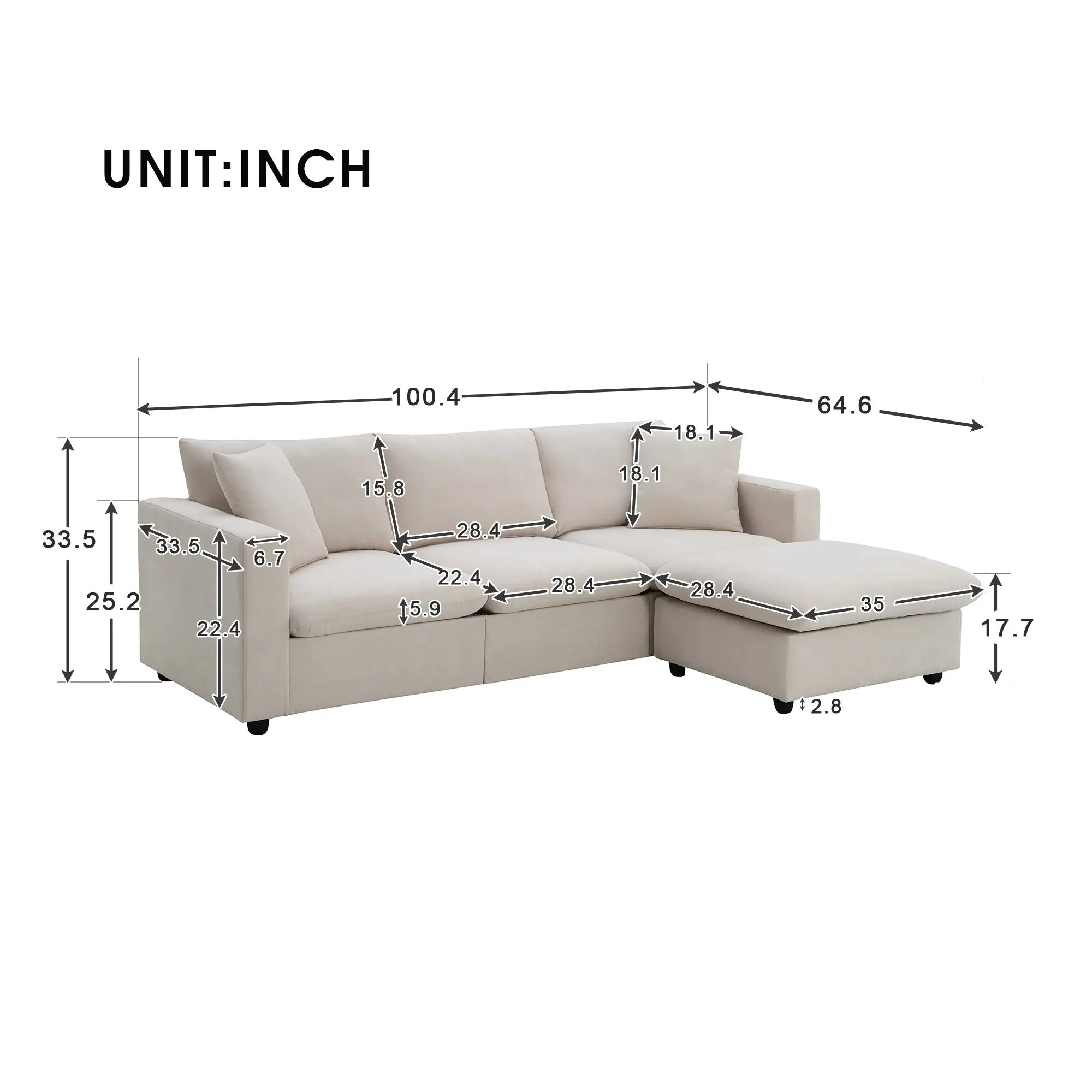 Bellemave® 100.4" Modern Sectional Sofa,L - shaped Couch Set with 2 Free Pillows - Bellemave
