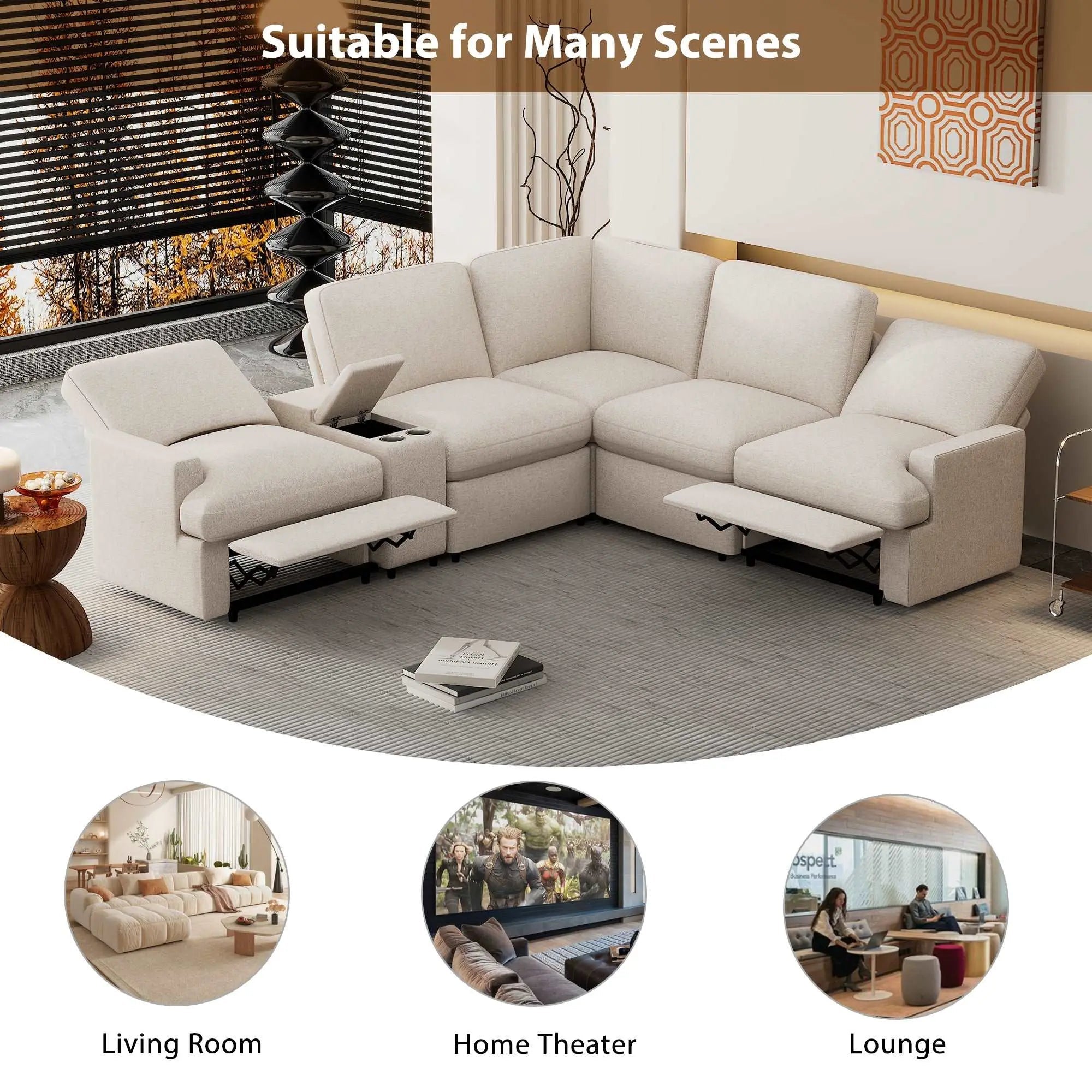 Bellemave® 104" Power Recliner Corner Sofa Home Theater Reclining Sofa Sectional Couches with Storage Box, Cup Holders, USB Ports and Power Socket - Bellemave