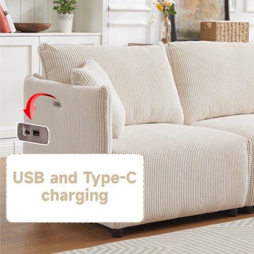 Bellemave® 106" Modern Minimalist Corduroy Combination Sofa with 2 Comfort Cushions with USB & C Charging Ports - Bellemave