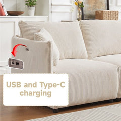 Bellemave® 106" Modern Minimalist Corduroy Combination Sofa with 2 Comfort Cushions with USB & C Charging Ports - Bellemave