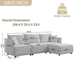 Bellemave® 106" Modern Minimalist Corduroy Combination Sofa with 2 Comfort Cushions with USB & C Charging Ports - Bellemave