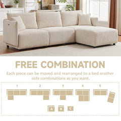 Bellemave® 106" Modern Minimalist Corduroy Combination Sofa with 2 Comfort Cushions with USB & C Charging Ports - Bellemave