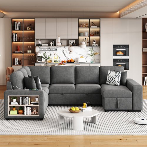 Bellemave® 109" U - shaped Sectional Sofa Pull - out Sofa Bed with Two USB Ports, a Storage Chaise Lounge and Four Back Pillows - Bellemave