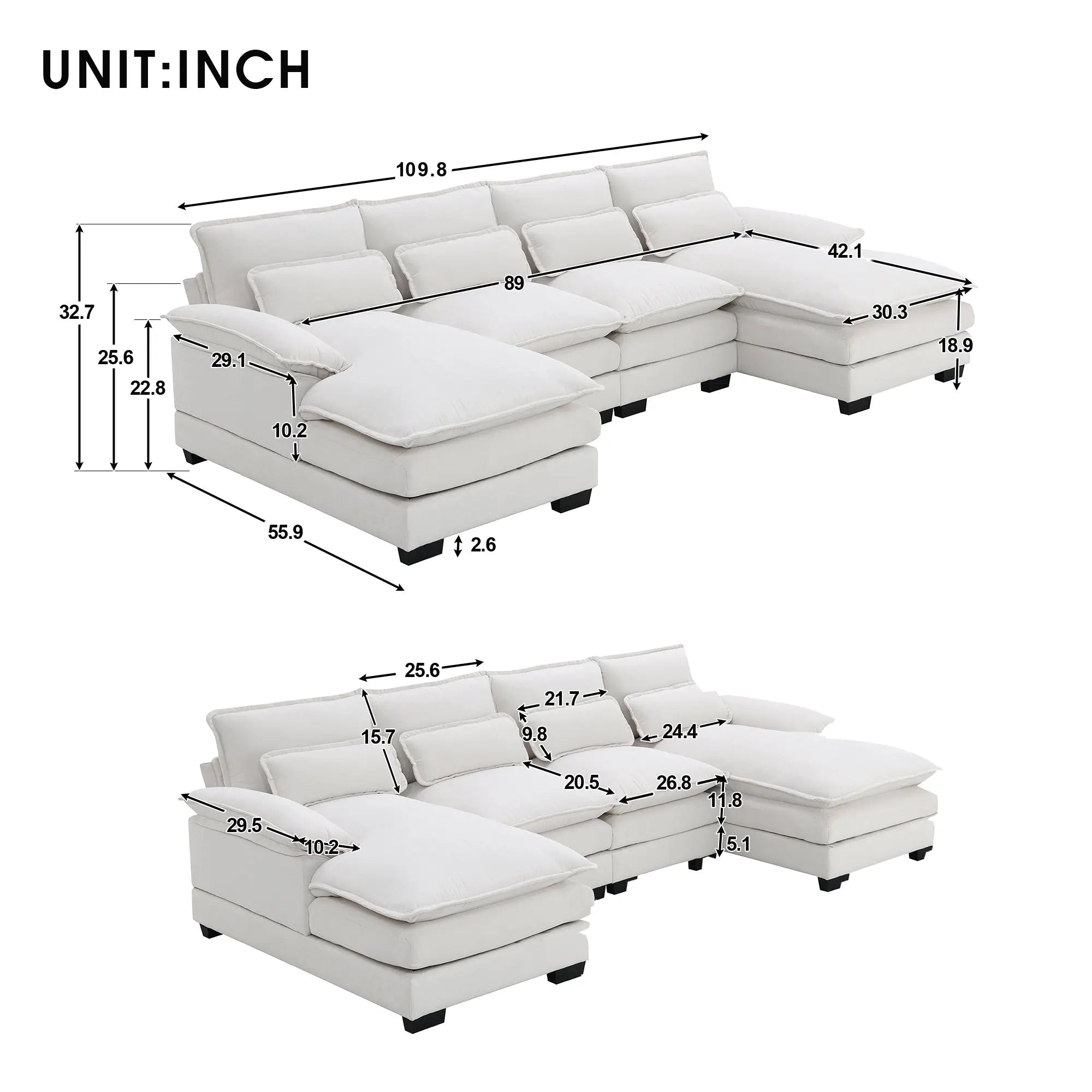 Bellemave® 109.8" Modern U - shaped Sectional Sofa with Waist Pillows - Bellemave