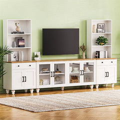 Bellemave® 110" Farmhouse TV Stand with Solid Wood Gourd - Shaped Legs and Adjustable Shelves, Bookshelves & Tempered Glass Doors - Bellemave
