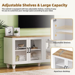 Bellemave® 110" Farmhouse TV Stand with Solid Wood Gourd - Shaped Legs and Adjustable Shelves, Bookshelves & Tempered Glass Doors - Bellemave