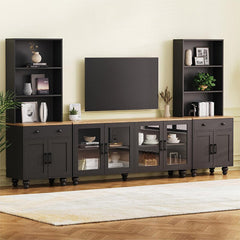 Bellemave® 110" Farmhouse TV Stand with Solid Wood Gourd - Shaped Legs and Adjustable Shelves, Bookshelves & Tempered Glass Doors - Bellemave