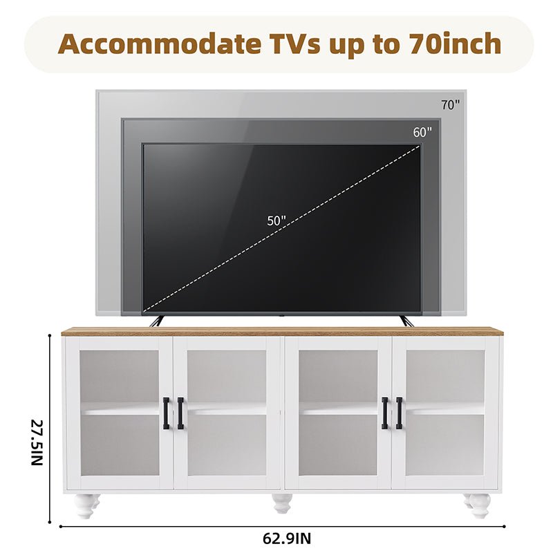 Bellemave® 110" Farmhouse TV Stand with Solid Wood Gourd - Shaped Legs and Adjustable Shelves, Bookshelves & Tempered Glass Doors - Bellemave