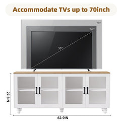 Bellemave® 110" Farmhouse TV Stand with Solid Wood Gourd - Shaped Legs and Adjustable Shelves, Bookshelves & Tempered Glass Doors - Bellemave
