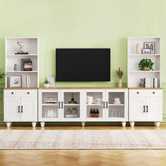 Bellemave® 110" Farmhouse TV Stand with Solid Wood Gourd - Shaped Legs and Adjustable Shelves, Bookshelves & Tempered Glass Doors - Bellemave