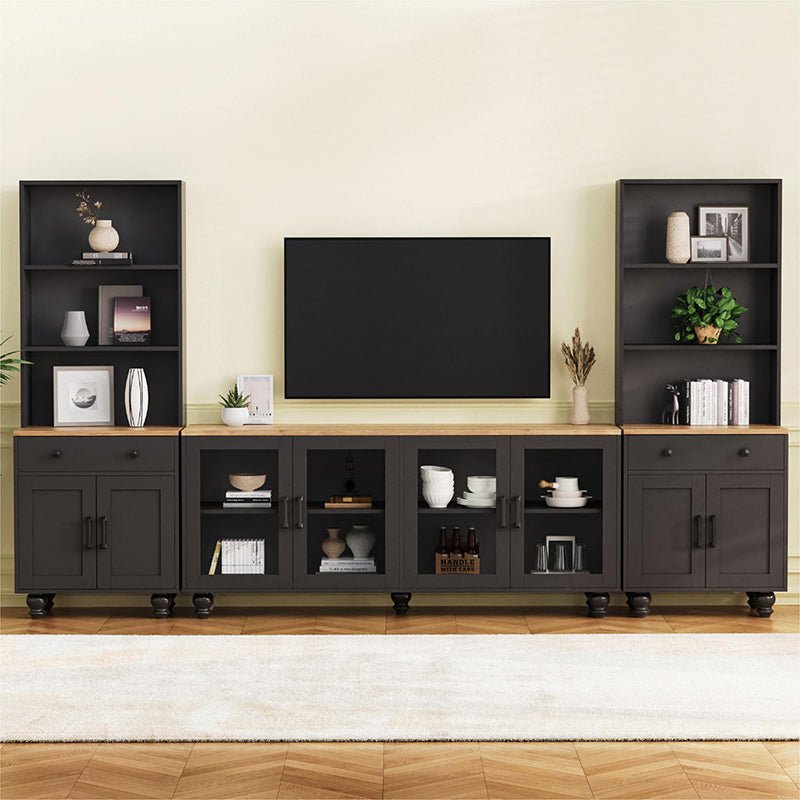Bellemave® 110" Farmhouse TV Stand with Solid Wood Gourd - Shaped Legs and Adjustable Shelves, Bookshelves & Tempered Glass Doors - Bellemave