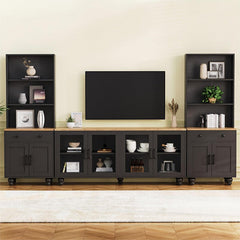 Bellemave® 110" Farmhouse TV Stand with Solid Wood Gourd - Shaped Legs and Adjustable Shelves, Bookshelves & Tempered Glass Doors - Bellemave