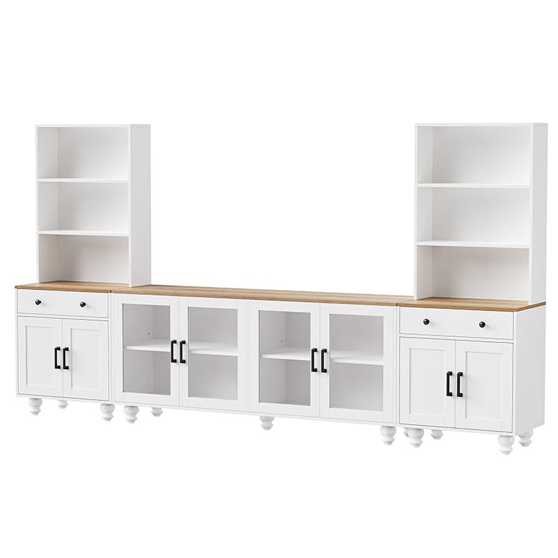 Bellemave® 110" Farmhouse TV Stand with Solid Wood Gourd - Shaped Legs and Adjustable Shelves, Bookshelves & Tempered Glass Doors - Bellemave