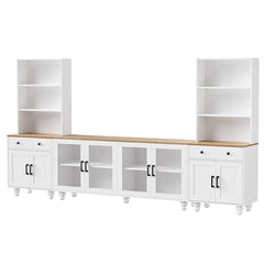 Bellemave® 110" Farmhouse TV Stand with Solid Wood Gourd - Shaped Legs and Adjustable Shelves, Bookshelves & Tempered Glass Doors - Bellemave