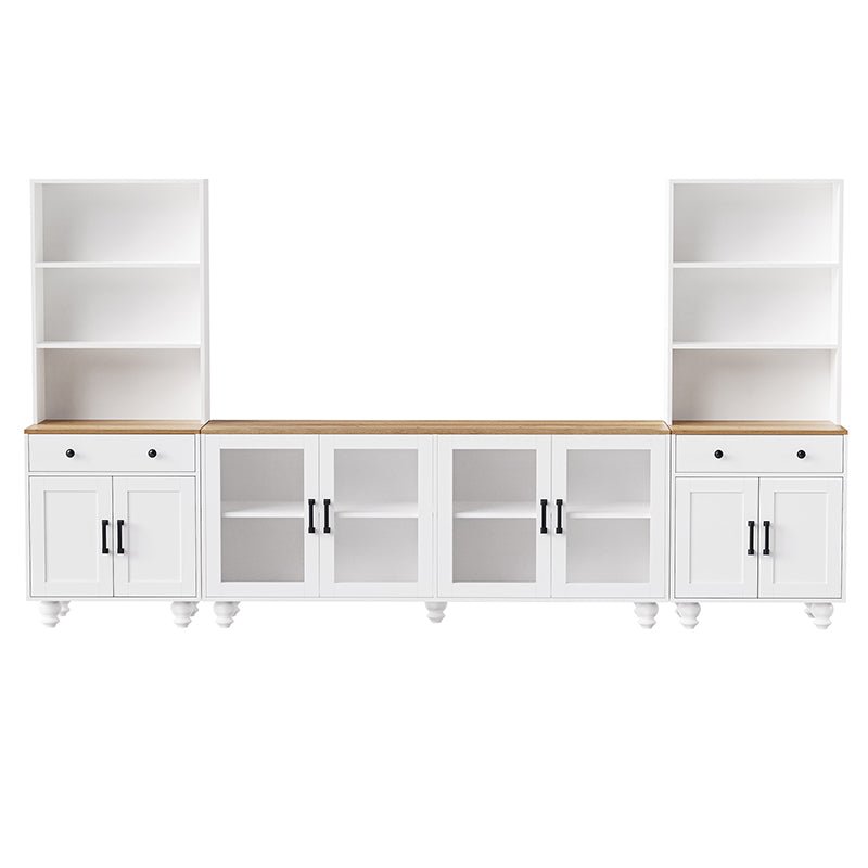 Bellemave® 110" Farmhouse TV Stand with Solid Wood Gourd - Shaped Legs and Adjustable Shelves, Bookshelves & Tempered Glass Doors - Bellemave